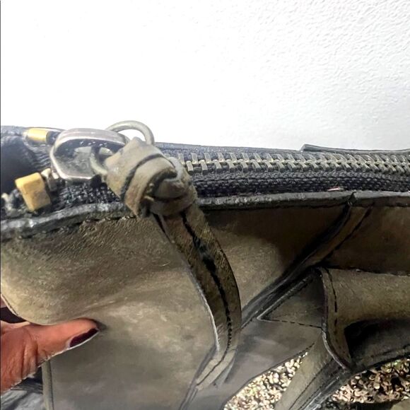 Large Allsaints Co LTD Leather tote Bag Olive with Sequin Panel 2 handles zip - Picture 7 of 12